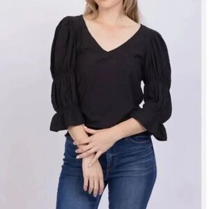 Nation LTD Womens Large Katana Romantic Puff Sleeve Black Pima Cotton V Neck Tee